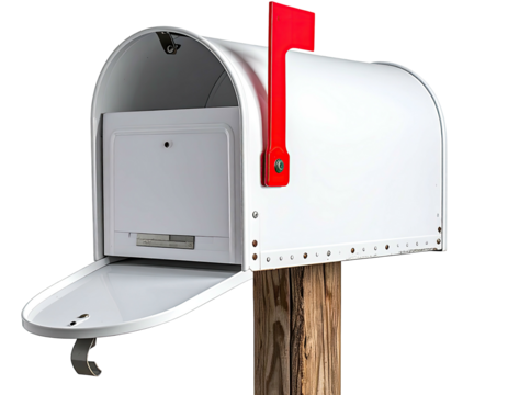 A white, open mailbox with a red flag, mounted on a wooden post
