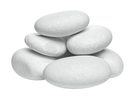 Close-up of white, smooth, oval-shaped stones piled together on a black background