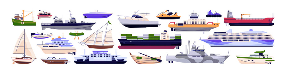 Set of different types of vessels. Big cargo ships with containers, small inflatable boats, sailboats, cruise liners, yachts and ferry tankers. Flat isolated vector illustrations on white background