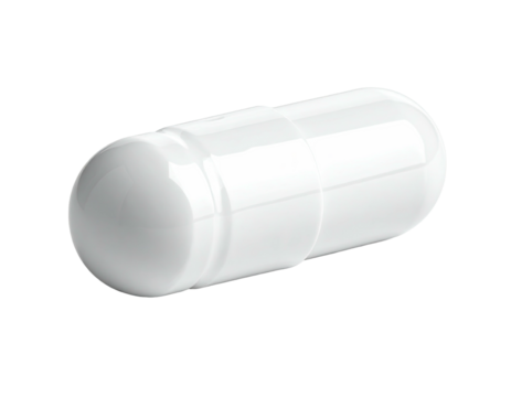 A close-up of a single white capsule with smooth rounded ends against black - Powered by Adobe