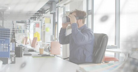 Man reaching for VR headset and activating VR with world map for exploring data visualization - Powered by Adobe