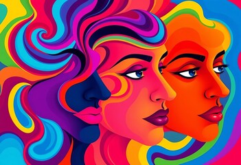 Vibrant, swirling abstract faces in bold colors, geometric shapes, mural art, art