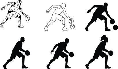 Basketball player silhouettes dribbling ball, black and white sport action poses, athlete shadow training, fitness graphic design, competitive movement illustration