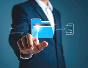 Man in suit interacting with a digital folder, data transfer concept visualized