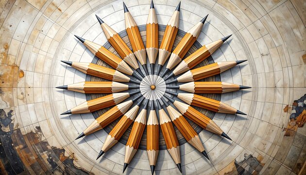 Pencils arranged in a circular pattern on a textured surface