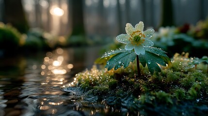 Dewy white flower on mossy patch near a forest stream bathed in golden sunlight, soft focus background