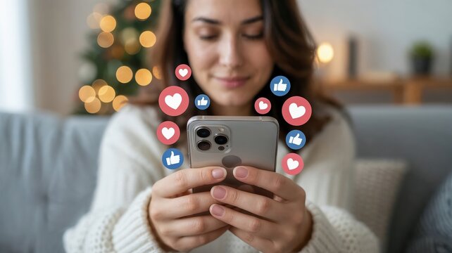 Young woman using smartphone with floating social media icons of likes and hearts, concept of online interaction, engagement, communication and digital lifestyle.