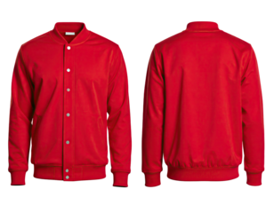 Red jacket front and back views displayed. Buttons and ribbed cuffs present