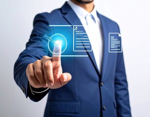 Businessman in blue suit interacts with glowing documents on a white background