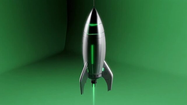 A rocket flies freely in space, rotating slightly as it moves forward. Green screen background, HD animation