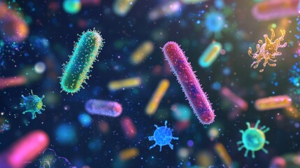 Fototapeta premium A vibrant, colorful depiction of various microorganisms, including bacteria and viruses, set against a dark background.