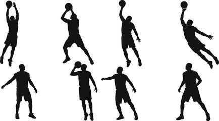 Basketball, silhouette, athlete, dribble, jump, shoot, pass, motion, action pose, sports training, dynamic movement, gameplay, skill, intensity, coaching, physical education, basketball player