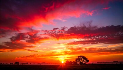 Vibrant sunset over a flat landscape, fiery red and orange hues dominate the sky, silhouetted trees in the foreground