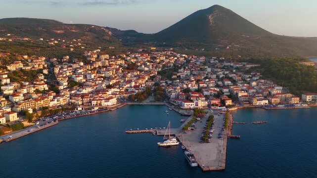 Panoramic aerial view of the town of Pylos, Navarino Coast, Peloponnese, Greece, with harbour and old castle