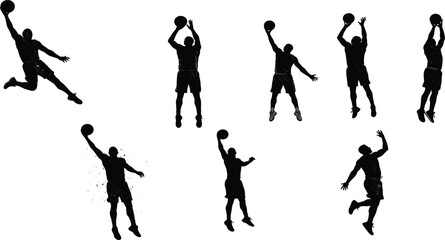 Basketball, slam dunk, silhouette, mid-air pose, dunk motion, athletic jump, hoop reach, player action, vector layout, dynamic gesture, expressive movement, basketball control, sports illustration