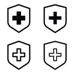Obraz premium Vector art of four shield icons featuring a cross inside, two in solid black and two in outline form, , symbolizing protection and healthcare