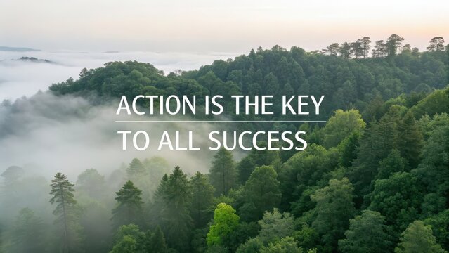 Misty green forest landscape with motivational quote about success
