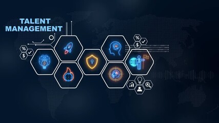 Global talent management concept with world map and technology icons on black, Internet infrastructure concept map Abstract technology background in blue color . - Powered by Adobe