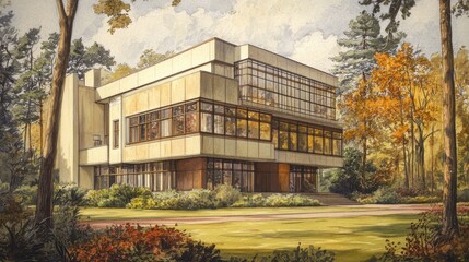 Fototapeta premium Autumnal Modernist Villa: Architectural Watercolor
