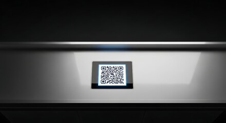 A glowing QR code displayed on a small screen within a dark, reflective, and modern technological setting.