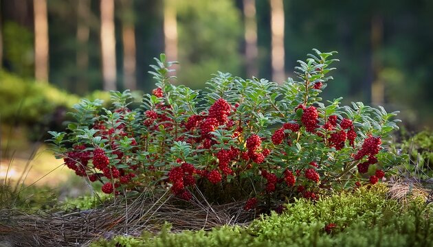 Bush Of Red Berry Stoneberry In The Forest