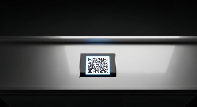 A glowing QR code displayed on a small screen within a dark, reflective, and modern technological setting.