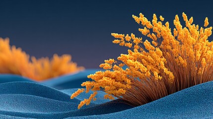 Dreamy dunes with vibrant yellow flora against a twilight-blue backdrop, evokes surreal serenity