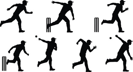 Cricket bowler silhouettes, bowling styles, black vector illustration, stumps, dynamic motion, athlete pose, sports action, game moment, pitch technique