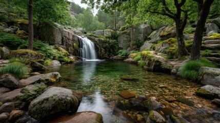 Fototapeta premium A serene waterfall cascades over moss-covered rocks into a clear stream surrounded by lush green forest with tall decidu