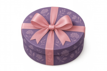 Round purple gift box featuring a floral pattern, tied with a pink ribbon and bow, ready for celebrations. Transparent background