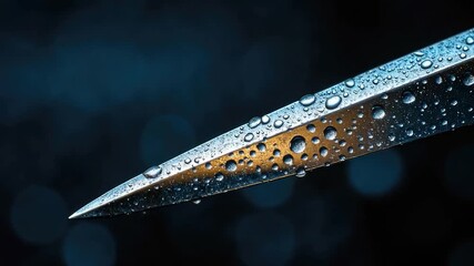 A sharp focus shot of a knife with water droplets glistening on its surface