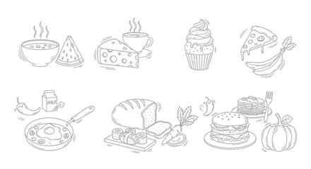 Line art illustration of various food items including soup, cheese, coffee, cupcake, pizza, eggs, bread, burger, and pumpkin.