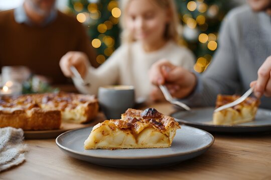 Family shares delicious pear and apple tart slices at home Generative AI