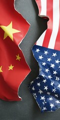 China usa flags tearing apart symbolizing conflict