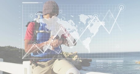 Man tapping device on railing activating tech grid visualizing global data connections rising graph - Powered by Adobe