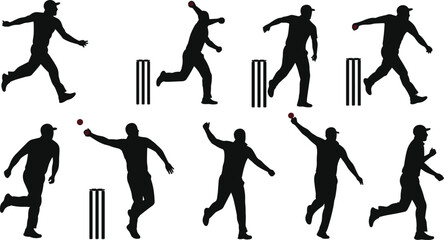 Cricket bowler silhouettes, bowling techniques, black vector illustration, red ball, stumps, dynamic action, athlete motion, sports pose, game moment