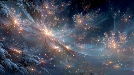 Dreamy winter landscape with glowing, fractal-like lights amidst snow-covered trees at nighttime