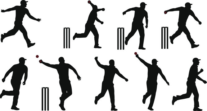 Cricket bowler silhouettes, bowling techniques, black vector illustration, red ball, stumps, dynamic action, athlete motion, sports pose, game moment