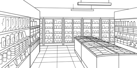 Grocery store shop interior black white graphic sketch illustration vector  © aluna1
