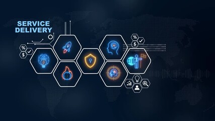 Digital global service delivery illustration with business icons  background, Internet infrastructure concept map Abstract technology background in blue color . - Powered by Adobe