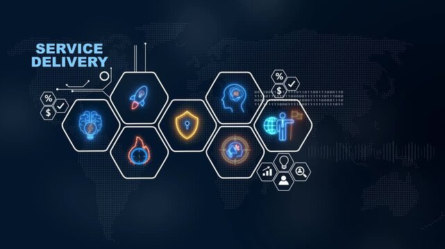 Digital global service delivery illustration with business icons  background, Internet infrastructure concept map Abstract technology background in blue color . - Powered by Adobe