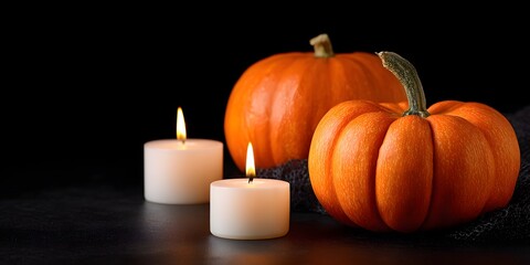 Pumpkins and candles on a dark table for autumn decoration Generative AI