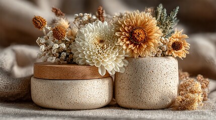 Earthenware vases hold various dried floral arrangements atop a beige textured fabric