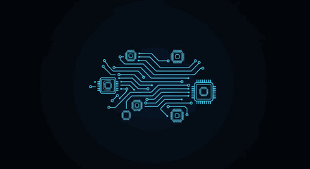 Abstract digital circuit board design in blue, featuring interconnected pathways and geometric shapes on a dark background.