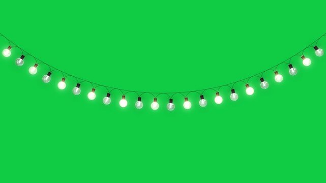 yellow string lights new year and christmas light green screen animation, chroma key winter holiday and birthday party celebration 3drgb light show motion design element	