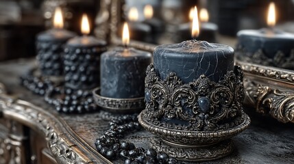 Elaborate decorative candles on a wooden surface with beads and a mirror in the background