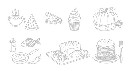 Line art illustration featuring a variety of food items, including pizza, burger, fish, bread, pumpkin, and a cup of steaming beverage.