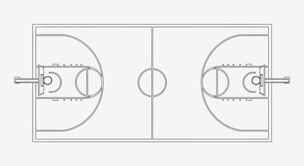 Top-down view of a basketball court layout, showing lines, hoops, and center circle. © ndowi