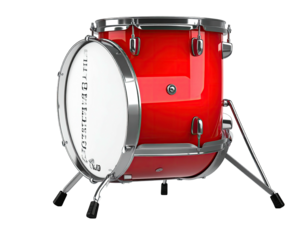 A vibrant red drum, chrome hardware, on a stand, isolated with depth and shadow