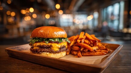 Delicious Double Cheeseburger with Sweet Potato Fries on a Wooden Tray.